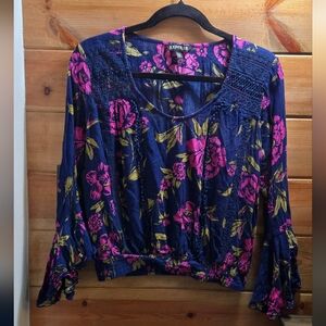Express Navy Blouse with Pink and Green Floral Flowy Sleeves 0005